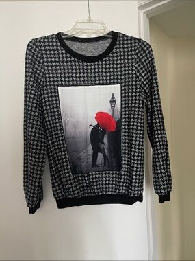 Black & Gray Houndstooth Crewneck Sweater with Red Umbrella Graphic